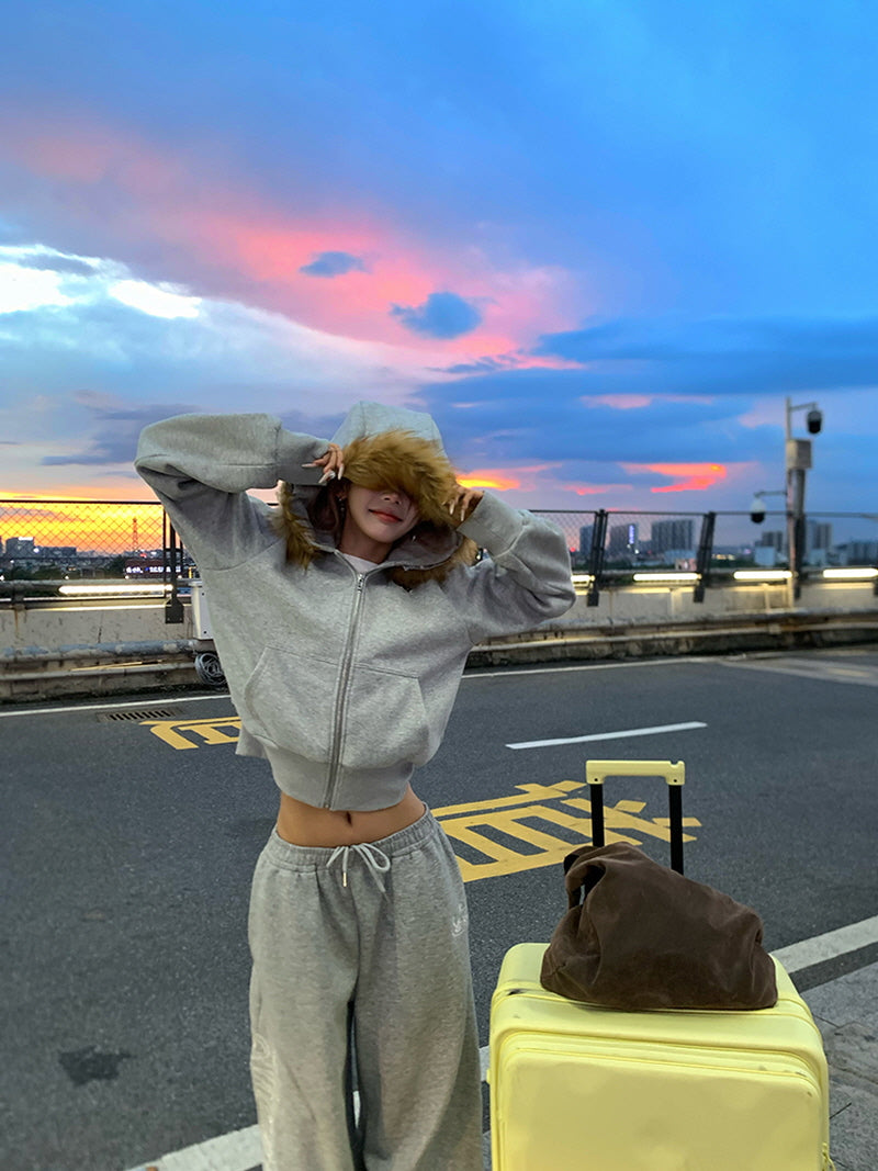 Embroidered Fur Zip Hoodie