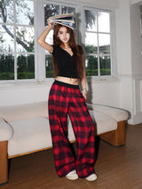 Red Plaid Wide Pants in Red Plaid — AREUMIEUR