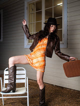 Plaid Slip Mini Dress in Orange Plaid — AREUMIEUR, standing look