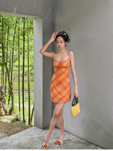 Plaid Slip Mini Dress in Orange Plaid — AREUMIEUR, full-length view