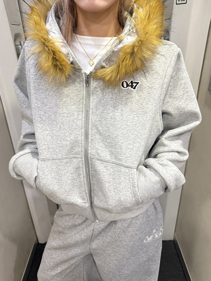 Embroidered Fur Zip Hoodie