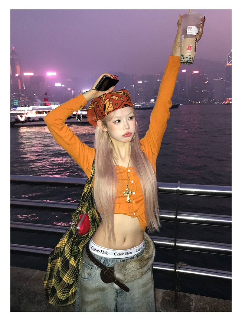 Button Crop Knit Top - Orange