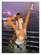 Button Crop Knit Top - Orange