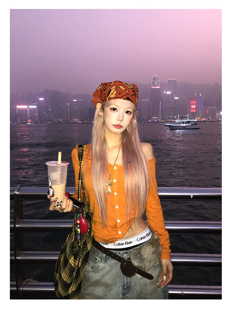 Button Crop Knit Top - Orange