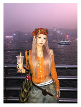 Button Crop Knit Top - Orange