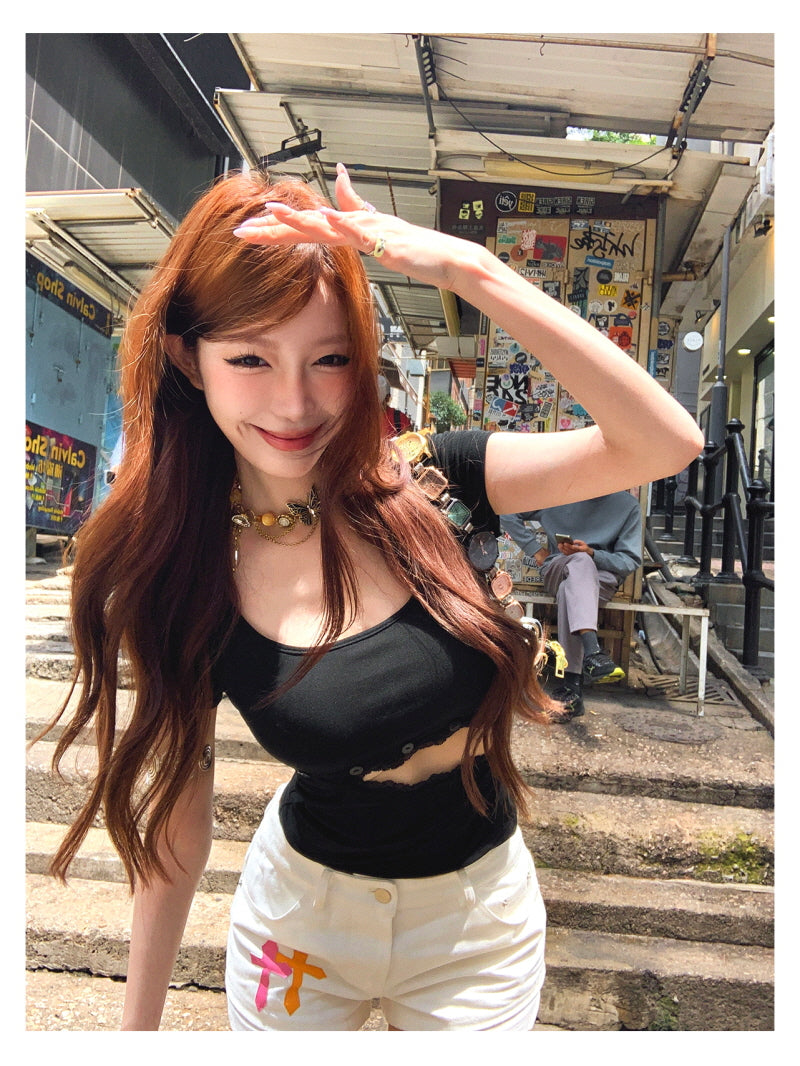 Cut-Out Lace Tee - Black