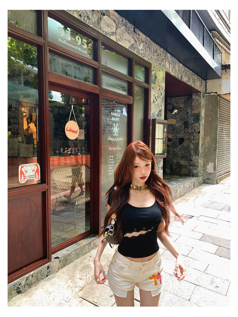 Cut-Out Lace Tee - Black