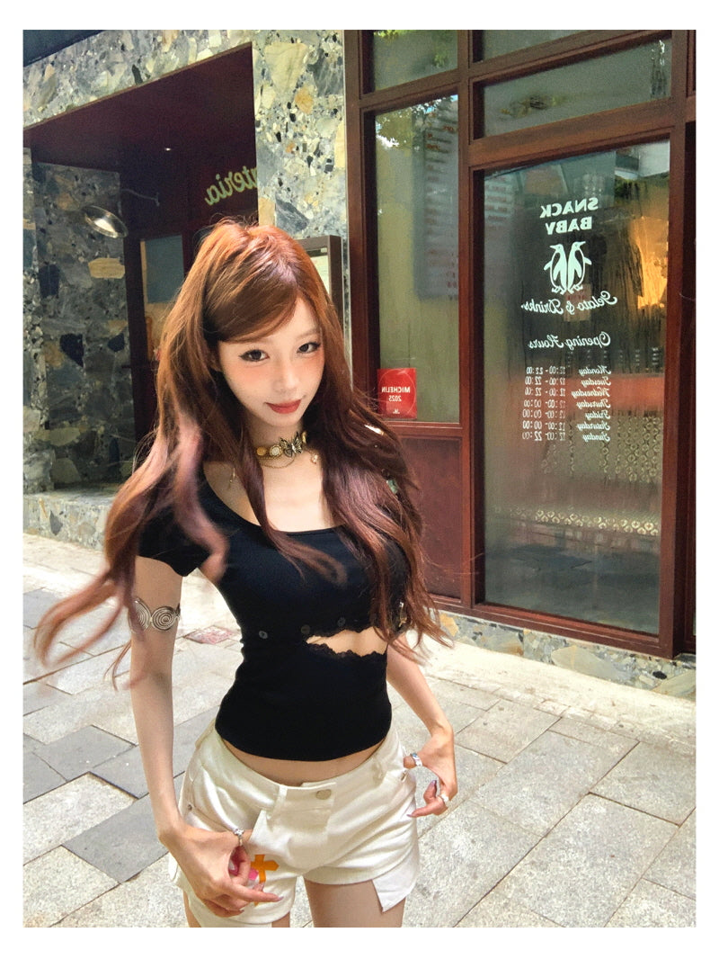 Cut-Out Lace Tee - Black