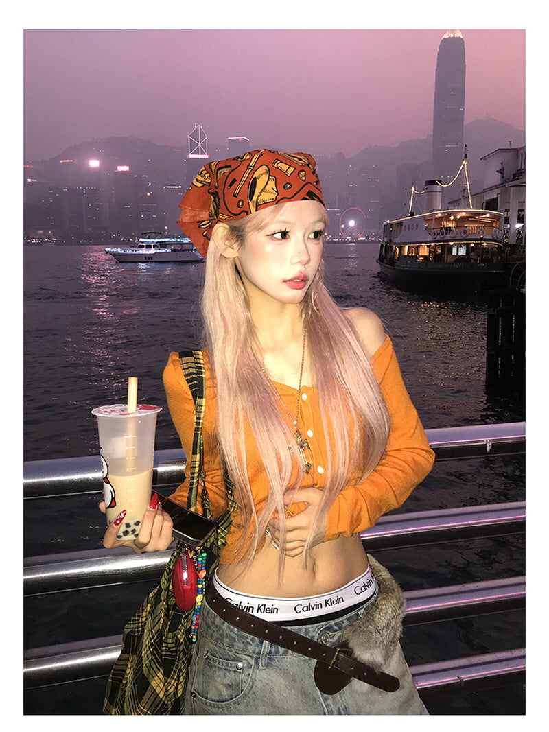 Button Crop Knit Top - Orange