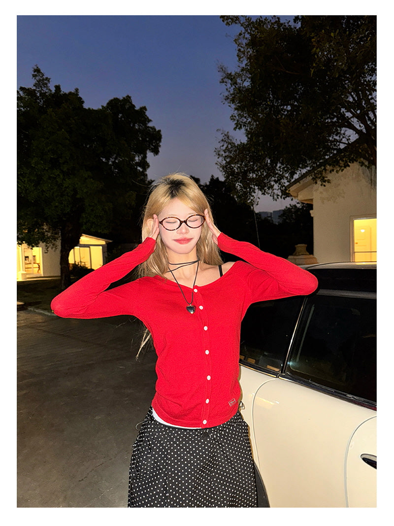 Button Crop Knit Top - Red