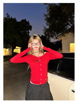 Button Crop Knit Top - Red