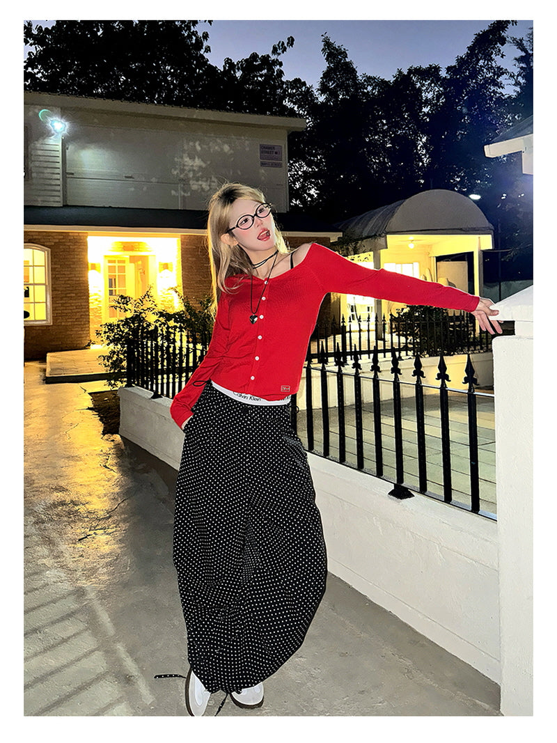 Button Crop Knit Top - Red