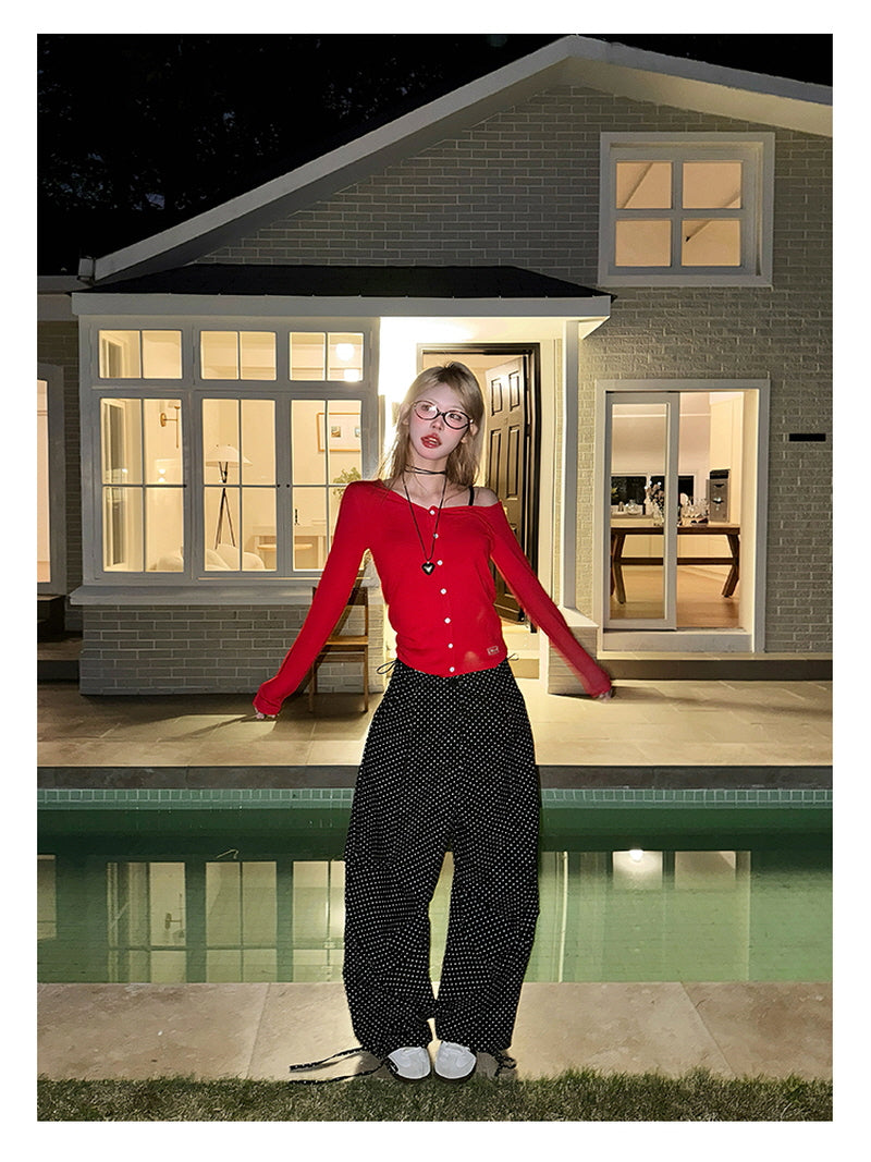 Button Crop Knit Top - Red