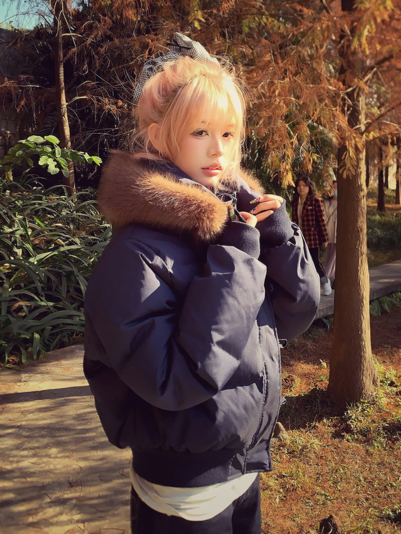 Fur Hooded Puffer Down Jacket - Navy blue