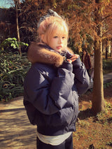 Fur Hooded Puffer Down Jacket - Navy blue