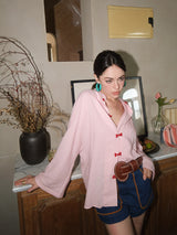 Mandarin Disc Button V-Neck Shirt