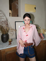 Mandarin Disc Button V-Neck Shirt