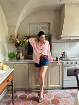 Mandarin Disc Button V-Neck Shirt