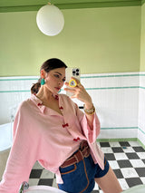 Mandarin Disc Button V-Neck Shirt