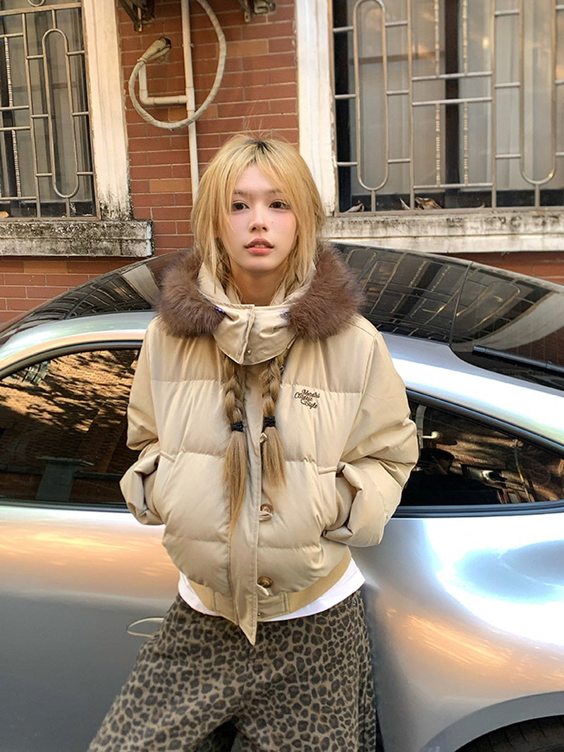 Fur Hooded Puffer Down Jacket - Beige Khaki