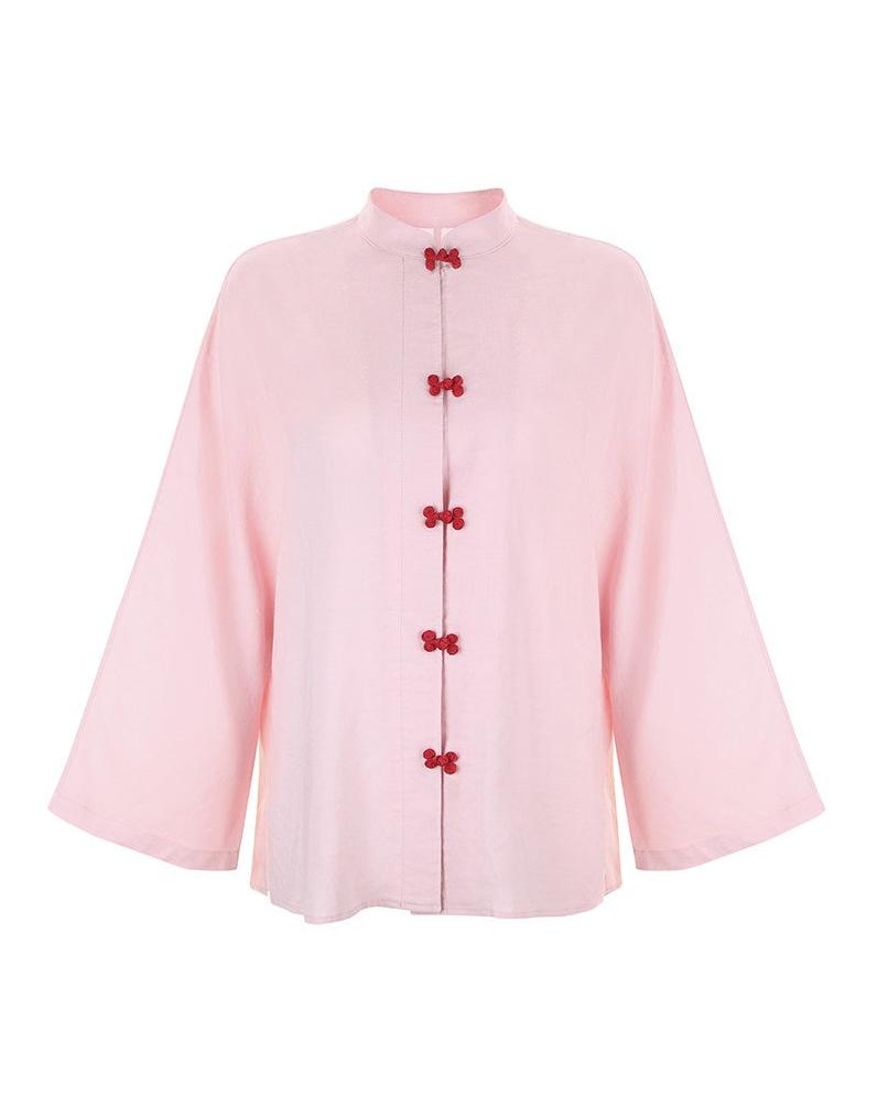 Disc Button Shirt in Pink, oversized linen blend shirt — AREUMIEUR, detail 1