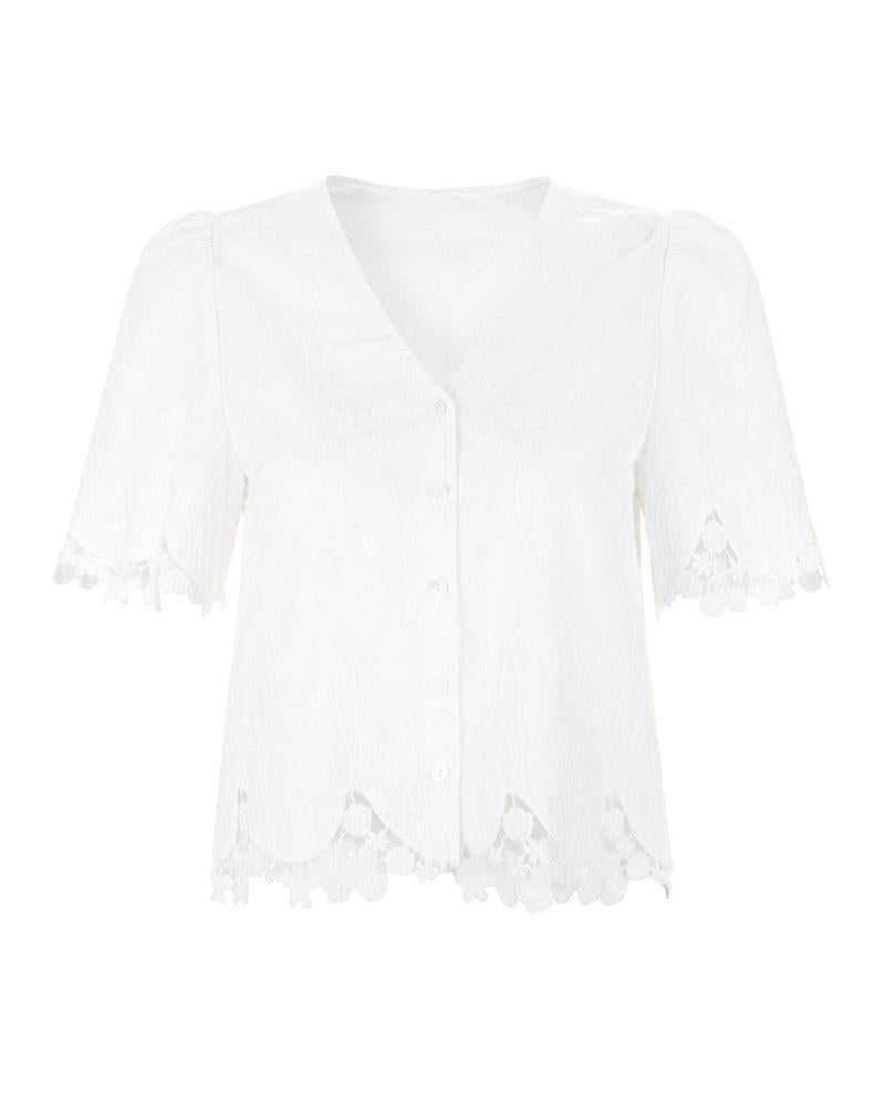 Embroidered V-Neck Top in White, white lace trim top — AREUMIEUR, detail 1