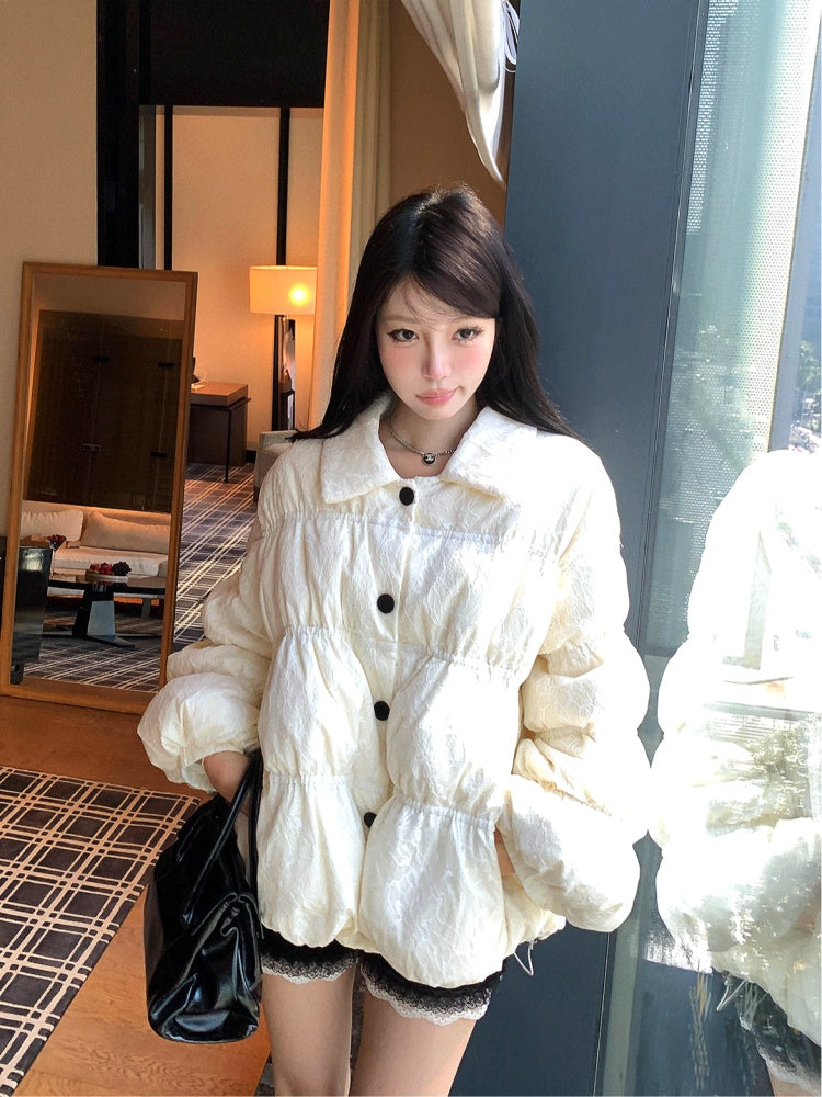Embossed Down Jacket in Beige, quilted down jacket — AREUMIEUR, look 1