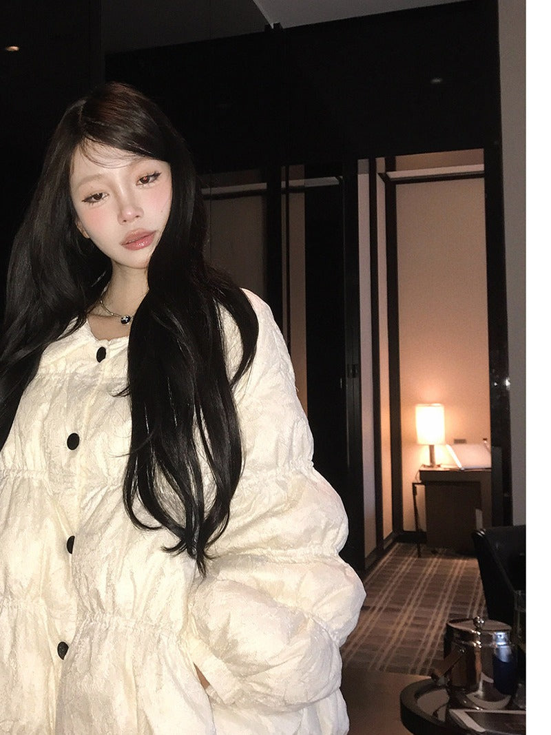 Embossed Down Jacket in Beige, quilted down jacket — AREUMIEUR, look 2