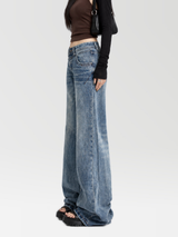 Low Rise Flare Jeans in Medium Blue — AREUMIEUR, full-length studio look, side view