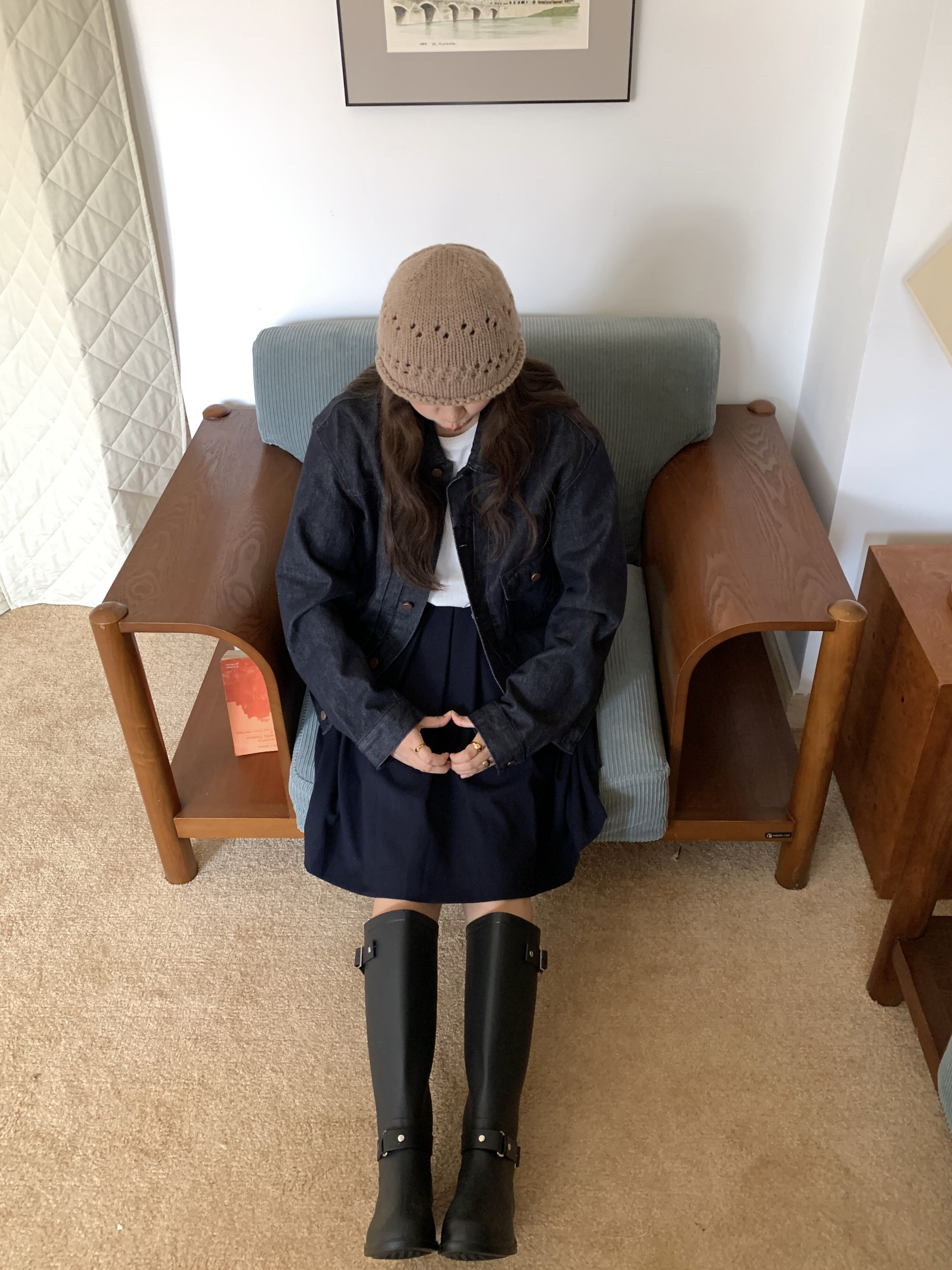 Pointelle Knit Beanie in Warm Camel, rolled brim knit beanie — AREUMIEUR, look 1