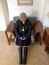 Pointelle Knit Beanie in Warm Camel, rolled brim knit beanie — AREUMIEUR, look 1