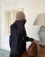 Pointelle Knit Beanie in Warm Camel, rolled brim knit beanie — AREUMIEUR, look 2