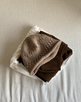 Pointelle Knit Beanie in Warm Camel, rolled brim knit beanie — AREUMIEUR, detail 1