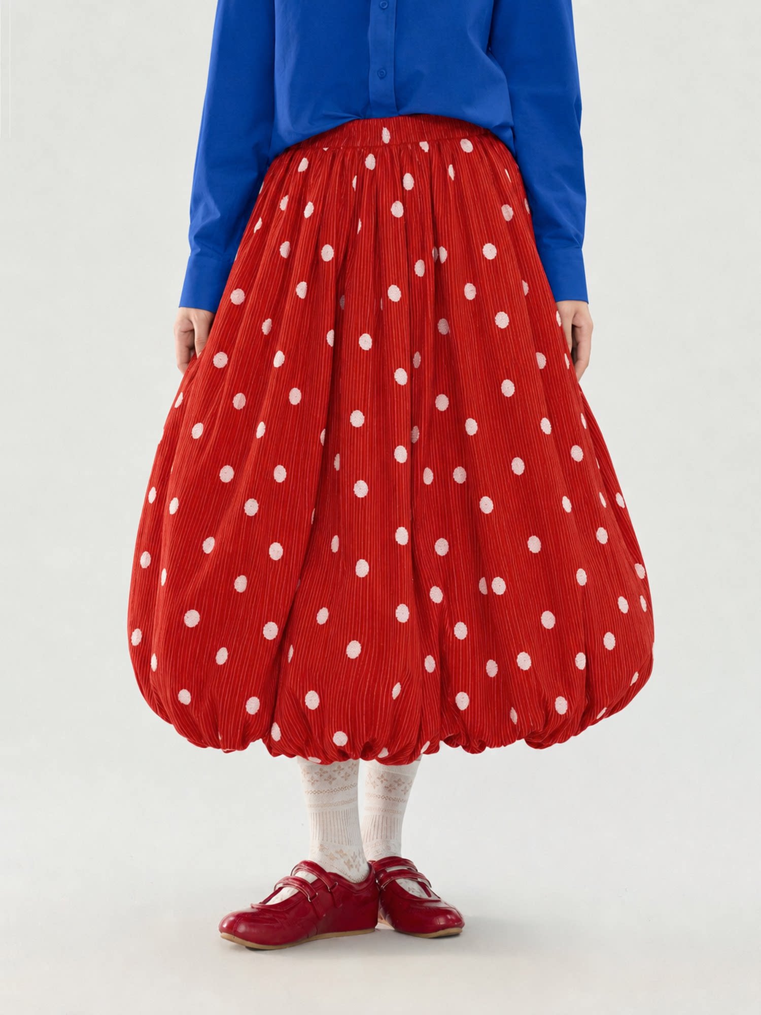Polka Dot Bubble Skirt in Red — AREUMIEUR, studio look, front view