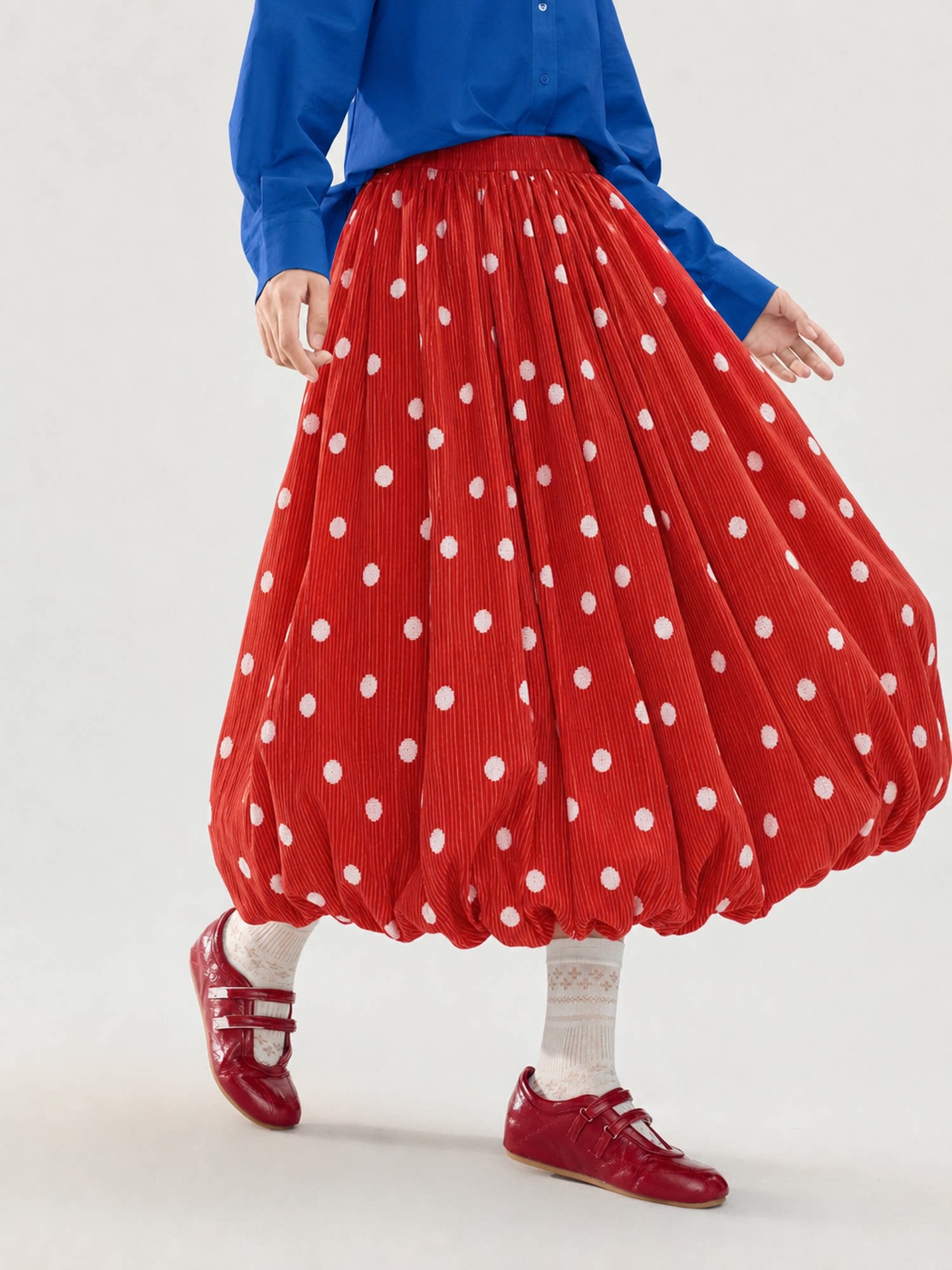 Polka Dot Bubble Skirt in Red — AREUMIEUR, studio look, walking