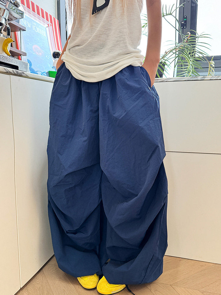 Retro Slouchy Wide Pants in Navy, parachute pants — AREUMIEUR, detail 1