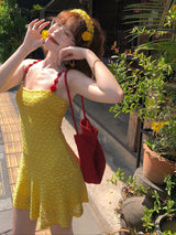 Rosette Strap Mini Dress in Yellow — AREUMIEUR