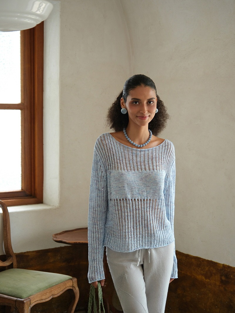 Sheer Knit Pullover - Blue, linen sweater — AREUMIEUR, look 1